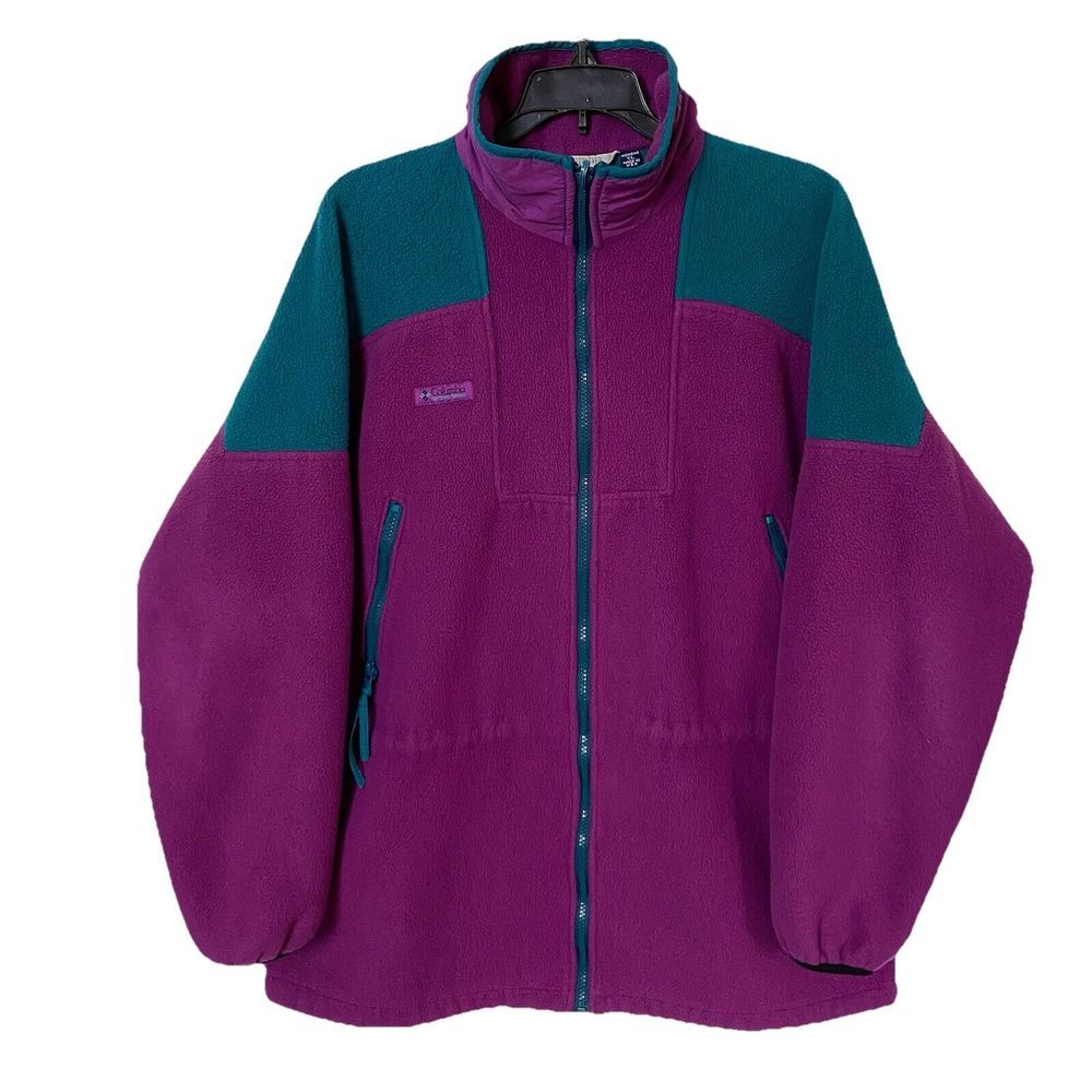 Vintage Columbia Jacket Womens XL‎ Purple Teal Fleece Bomber 80s USA Color Block
